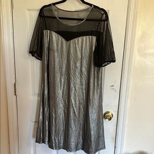 SHEIN Curve Elegant Black Mesh and Holographic Silver Print Women's Skater Dress